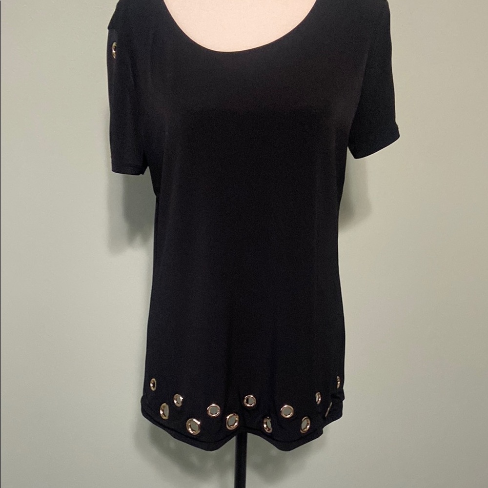 Black Short Sleeve Top with Gold Accents